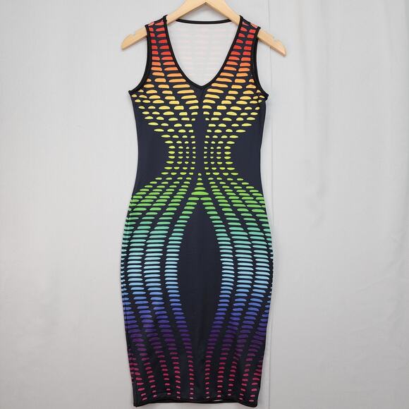 Y2K Bodycon Dress JR Medium Black Rainbow Dashes Dots Stretch Sexy Party Clubwea - Picture 11 of 15